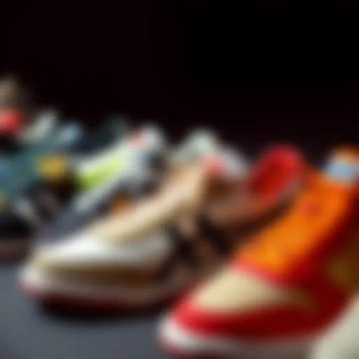 An array of classic 80s sneakers lined up, highlighting their iconic silhouettes.