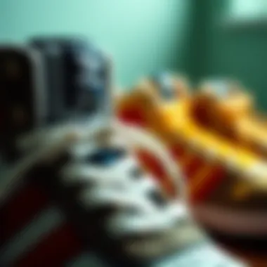 A close-up of sneaker details, emphasizing materials and craftsmanship from the 80s.