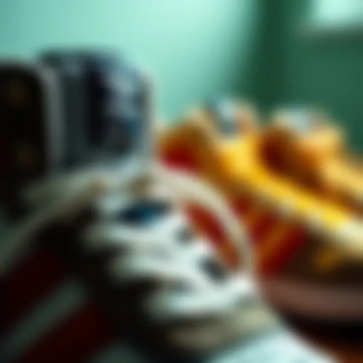 A close-up of sneaker details, emphasizing materials and craftsmanship from the 80s.