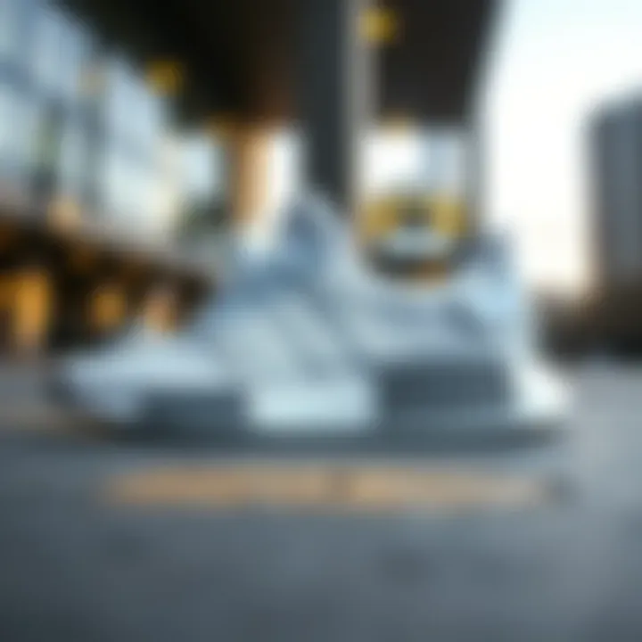 Stylish Adidas white sneakers showcased against a modern urban backdrop