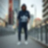 A stylish Adidas tracksuit displayed with a modern urban backdrop