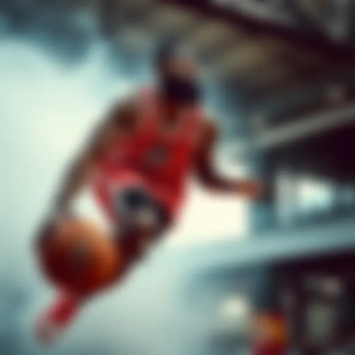 Dynamic basketball action showcasing Adidas Harden gear