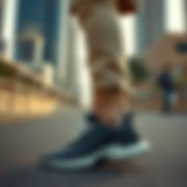 Urban Fashion Statement Stylish individual wearing Adidas Porsche Design shoes in a dynamic urban setting.