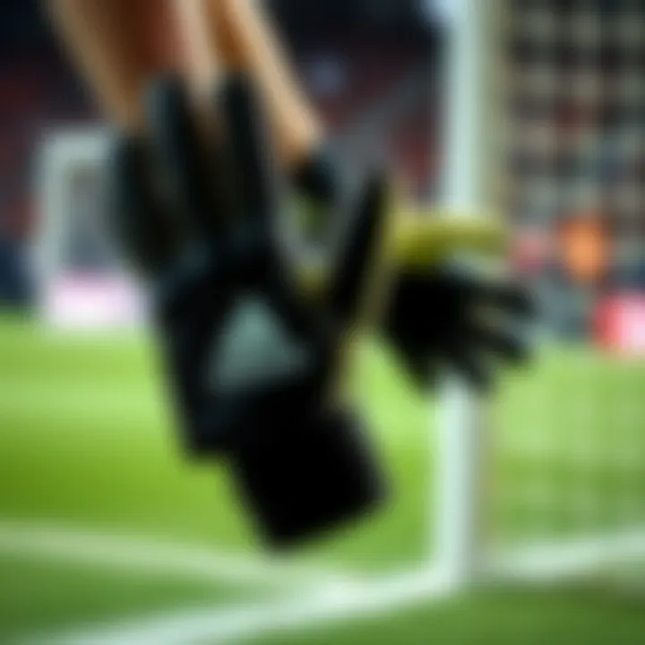 A pair of Adidas Predator gloves displayed in action during a soccer match.