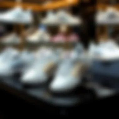 Chic Display of Adidas Styles Different styles of Adidas white sports shoes displayed in a chic setting