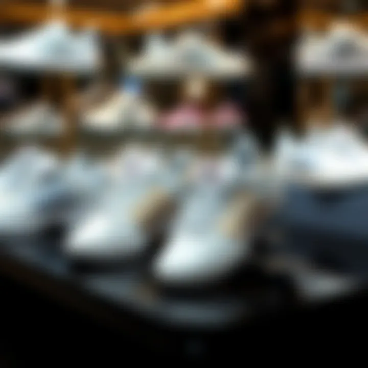 Chic Display of Adidas Styles Different styles of Adidas white sports shoes displayed in a chic setting