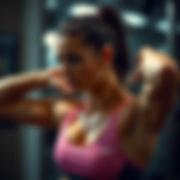 Athlete performing shoulder exercises in fashionable activewear.