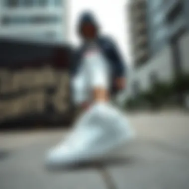 A fashionable outfit paired with White Nike Dunk in an urban setting