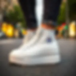 Stylish white platform Converse shoes on urban streets