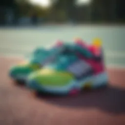A pair of colorful children's tennis shoes on a court