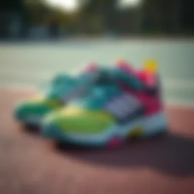 Vibrant Children's Tennis Shoes A pair of colorful children's tennis shoes on a court