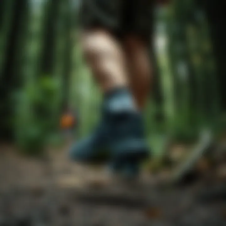 An adventurer trekking through a forest wearing Columbia shoes, demonstrating comfort and style in nature.