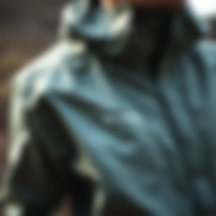 Detail shot of the fabric and features of a Columbia jacket, highlighting functionality.