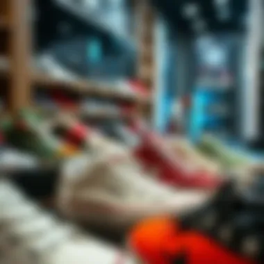 Stylish sneakers arranged artfully in the store, highlighting their unique designs.