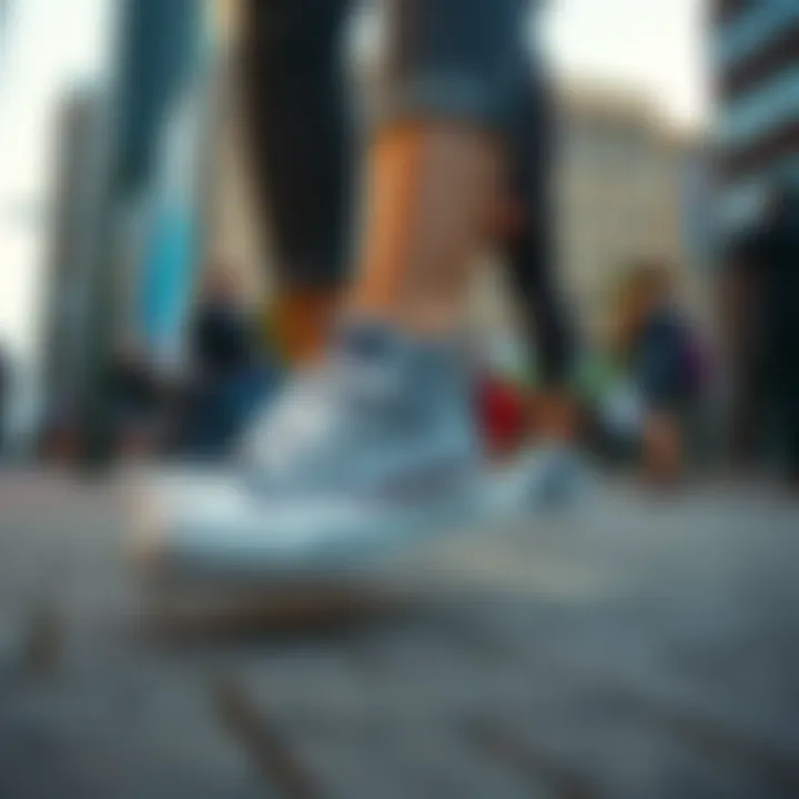 A person walking confidently in patterned Converse sneakers on a city street