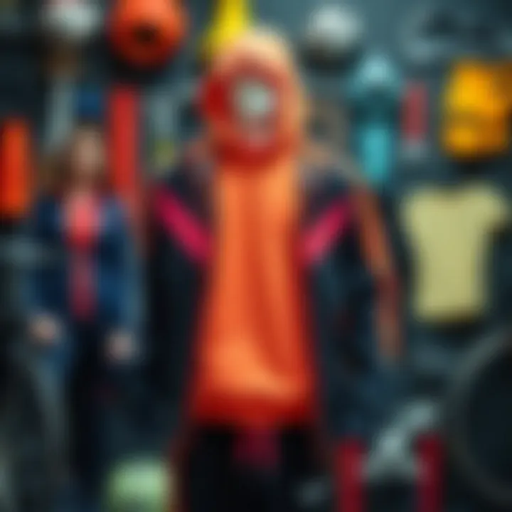 A stylish sports outfit displayed against a backdrop of various sports equipment