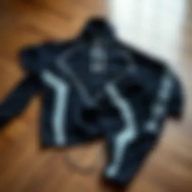 An elegant sports outfit laid out on a wooden floor, emphasizing style and functionality