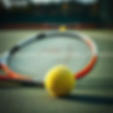 Close-up of tennis racket and ball on a court