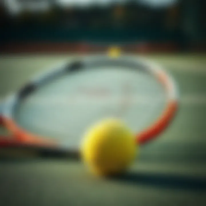Close-up of tennis racket and ball on a court