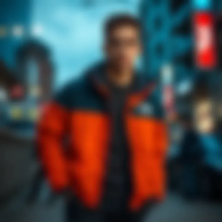 Urban setting showcasing the North Face jacket in stylish attire