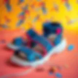 Stylish sandals arranged on a vibrant background