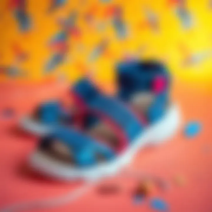 Stylish sandals arranged on a vibrant background