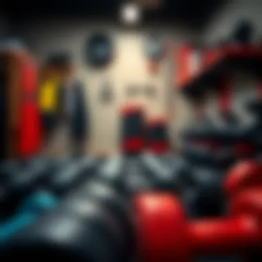 A well-organized workout space featuring various dumbbells and fitness accessories