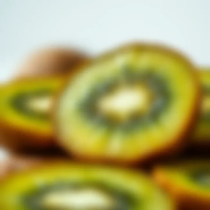 Close-up of a fresh kiwi fruit sliced open