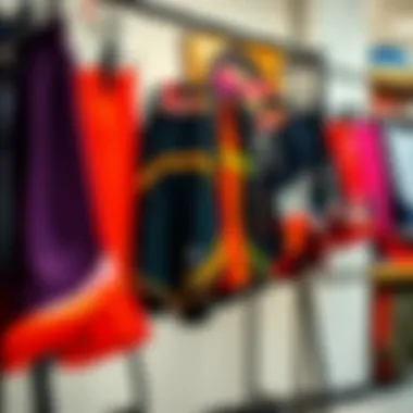 A vibrant selection of gym shorts hanging in a store