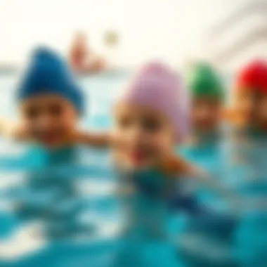 Children enjoying swimming while wearing fashionable swim caps