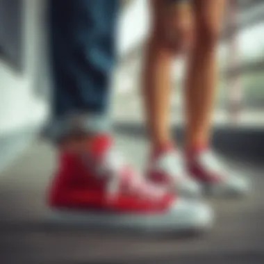 Trendy Outfit Combinations with Red Converse Close-up of red Converse sneakers paired with trendy outfits