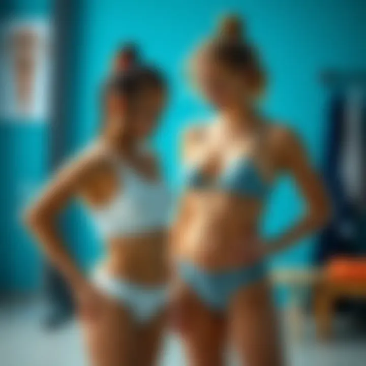 A parent helping a girl try on a swimsuit, emphasizing fit and comfort.