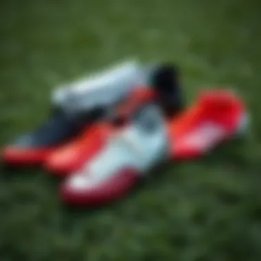 Different types of football cleats arranged on a grass field to illustrate variety