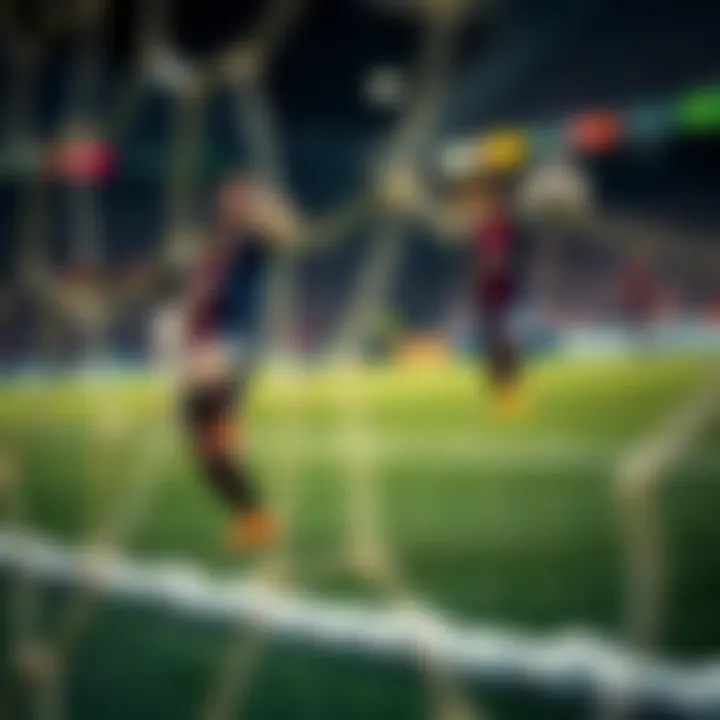 A dynamic shot of Messi scoring a goal while wearing his signature boots