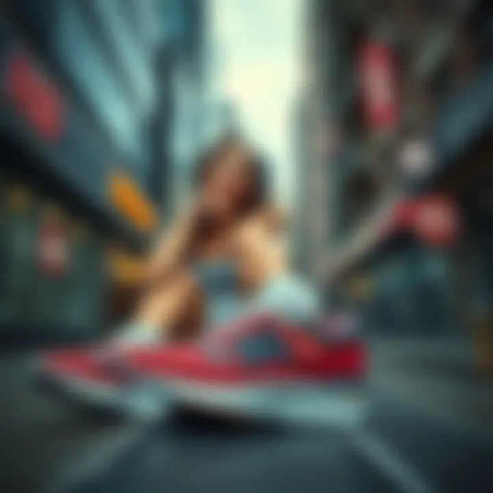 Woman showcasing NB sneakers in an urban environment