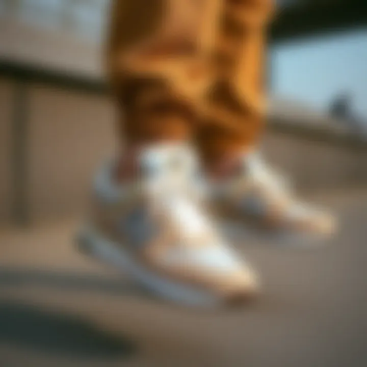 Beige sneakers paired with casual and sporty outfits.