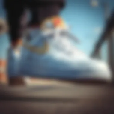 Close-up of Nike Air Force shoe detailing, highlighting craftsmanship and quality.