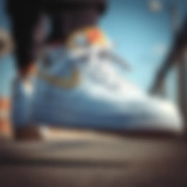 Close-up of Nike Air Force shoe detailing, highlighting craftsmanship and quality.