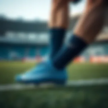 Stylish athlete wearing Nike blue socked boots on the field