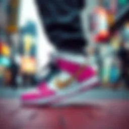 Stylish Nike Dunk Panda footwear on a vibrant urban background