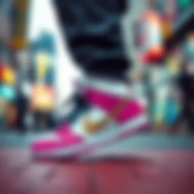 Stylish Nike Dunk Panda footwear on a vibrant urban background