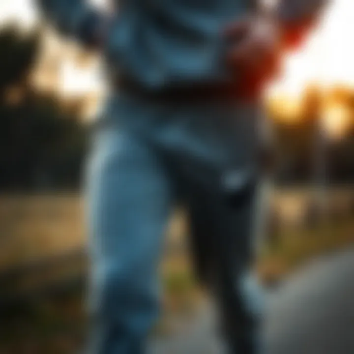 Comfortable fit of the grey sweatpants during an outdoor activity