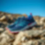 Stylish outdoor sports shoes for women on a rocky trail