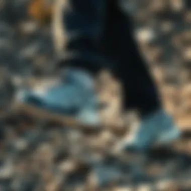 Dynamic performance of Salomon sneakers showcased on rugged terrain