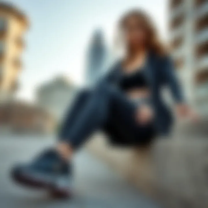 Active woman showcasing Skechers shoes in urban setting