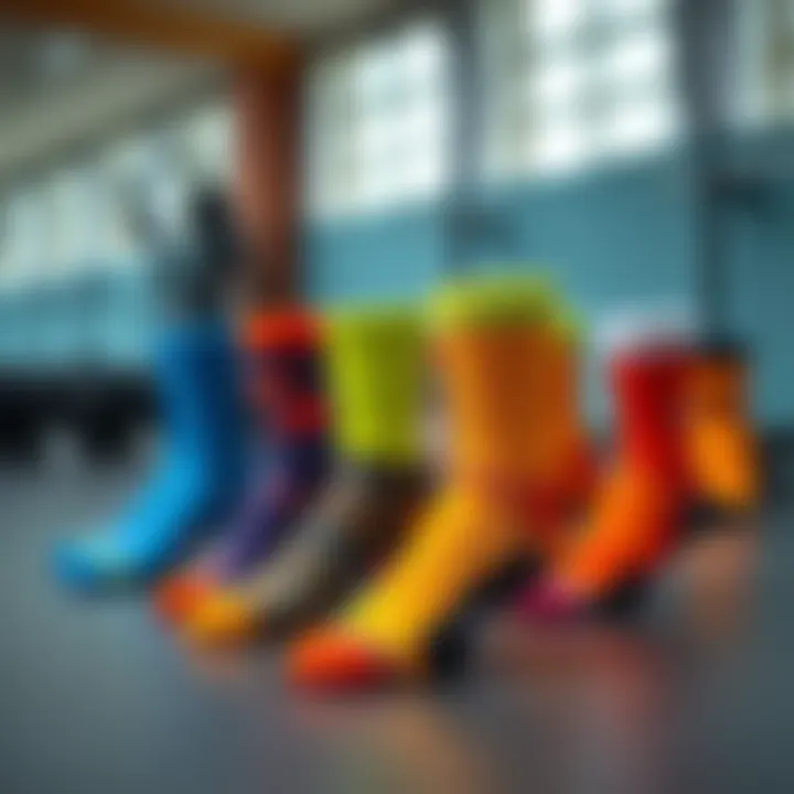 An array of colorful and functional sports socks displayed on a gym floor.