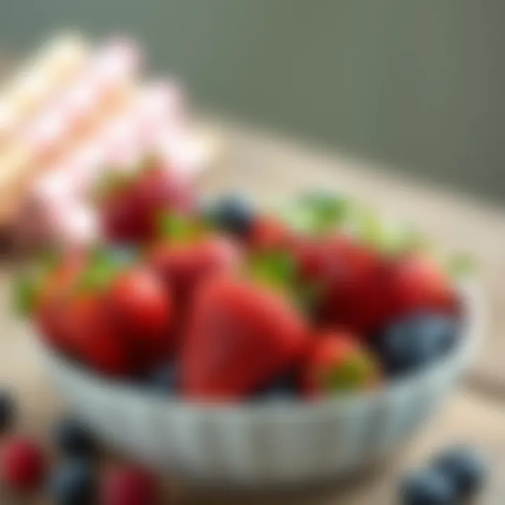 An arrangement of strawberries and blueberries in a bowl