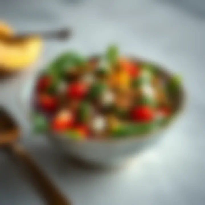 A beautifully arranged rich salad in an elegant bowl.