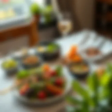 A table setting featuring rich salad along with complementary dishes.